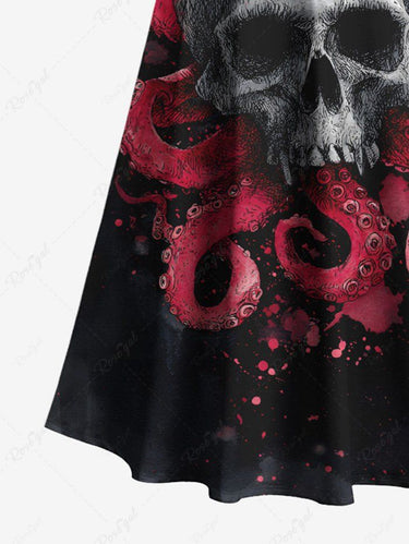 Gothic Plus Size Skull Octopus Print Cold Shoulder Crisscross A Line Maxi Dress