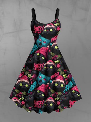 Gothic Plus Size Christmas Hat Cat Print A Line Dress