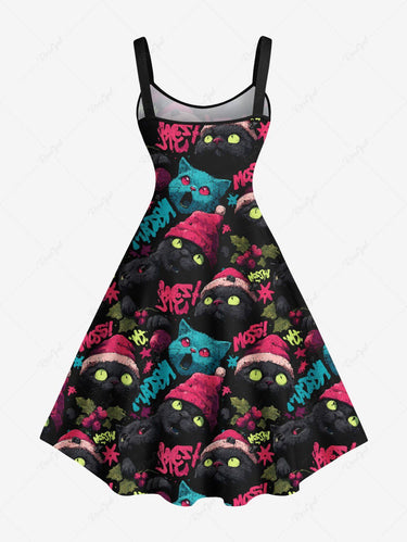 Gothic Plus Size Christmas Hat Cat Print A Line Dress