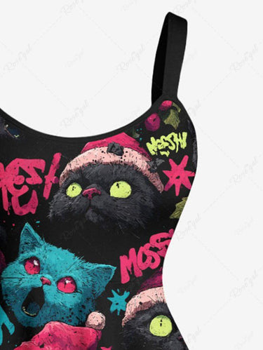 Gothic Plus Size Christmas Hat Cat Print A Line Dress