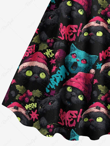 Gothic Plus Size Christmas Hat Cat Print A Line Dress