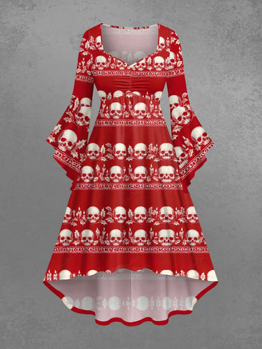 Gothic Plus Size Christmas Skull Leaf Print Ruched High Low Asymmetric Dress