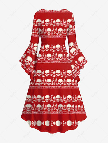Gothic Plus Size Christmas Skull Leaf Print Ruched High Low Asymmetric Dress