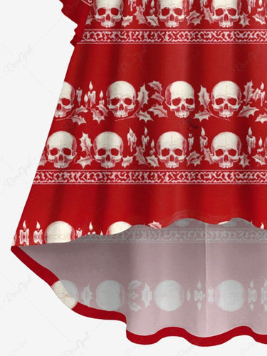 Gothic Plus Size Christmas Skull Leaf Print Ruched High Low Asymmetric Dress