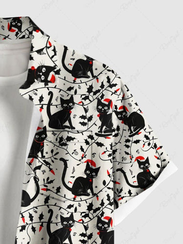 Gothic Plus Size Christmas Hat Cat Branch Leaf Print Button Pocket Shirt For Men
