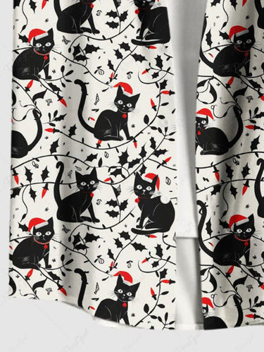 Gothic Plus Size Christmas Hat Cat Branch Leaf Print Button Pocket Shirt For Men