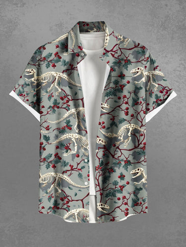 Gothic Plus Size Christmas Holly Branch Leaf Skeleton Dinosaur Print Button Pocket Shirt For Men