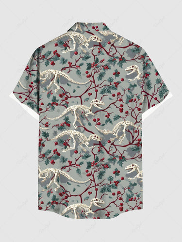 Gothic Plus Size Christmas Holly Branch Leaf Skeleton Dinosaur Print Button Pocket Shirt For Men
