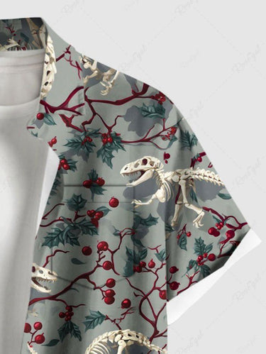 Gothic Plus Size Christmas Holly Branch Leaf Skeleton Dinosaur Print Button Pocket Shirt For Men