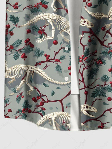 Gothic Plus Size Christmas Holly Branch Leaf Skeleton Dinosaur Print Button Pocket Shirt For Men