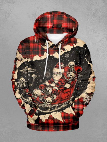 Gothic Plus Size Ripped Christmas Santa Claus Skeleton Snowflake Plaid Print Pullover Long Sleeves Hoodie For Men