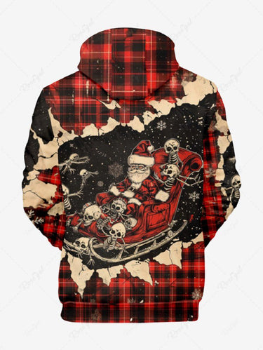 Gothic Plus Size Ripped Christmas Santa Claus Skeleton Snowflake Plaid Print Pullover Long Sleeves Hoodie For Men