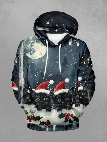 Gothic Plus Size Christmas Hat Cat Holly Light Moon Print Pocket Drawstring Pullover Long Sleeves Hoodie For Men