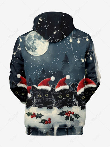 Gothic Plus Size Christmas Hat Cat Holly Light Moon Print Pocket Drawstring Pullover Long Sleeves Hoodie For Men