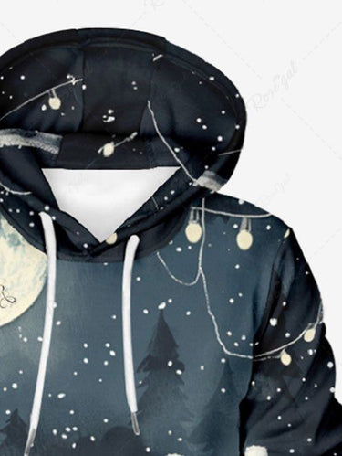Gothic Plus Size Christmas Hat Cat Holly Light Moon Print Pocket Drawstring Pullover Long Sleeves Hoodie For Men