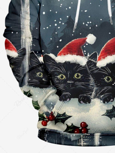Gothic Plus Size Christmas Hat Cat Holly Light Moon Print Pocket Drawstring Pullover Long Sleeves Hoodie For Men