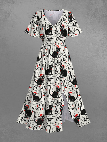 Gothic Plus Size Christmas Hat Cat Branch Leaf Print Split Pocket A Line Midi Dress