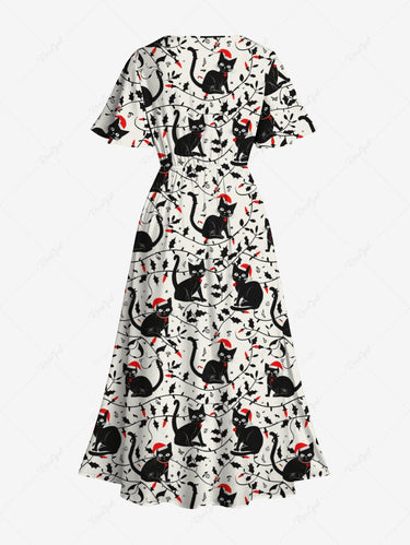 Gothic Plus Size Christmas Hat Cat Branch Leaf Print Split Pocket A Line Midi Dress White / 2X Gothic Plus Size Christmas Hat Cat Branch Leaf Print Split Pocket A Line Midi Dress White / 2X