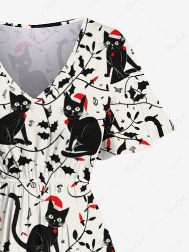 Gothic Plus Size Christmas Hat Cat Branch Leaf Print Split Pocket A Line Midi Dress White / 2X Gothic Plus Size Christmas Hat Cat Branch Leaf Print Split Pocket A Line Midi Dress White / 2X