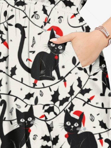 Gothic Plus Size Christmas Hat Cat Branch Leaf Print Split Pocket A Line Midi Dress