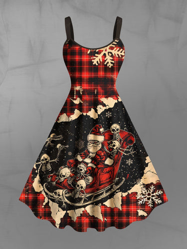 Gothic Plus Size Ripped Christmas Santa Claus Skeleton Snowflake Plaid Print A Line Dress