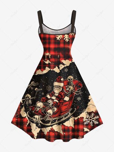 Gothic Plus Size Ripped Christmas Santa Claus Skeleton Snowflake Plaid Print A Line Dress