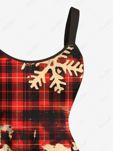 Gothic Plus Size Ripped Christmas Santa Claus Skeleton Snowflake Plaid Print A Line Dress