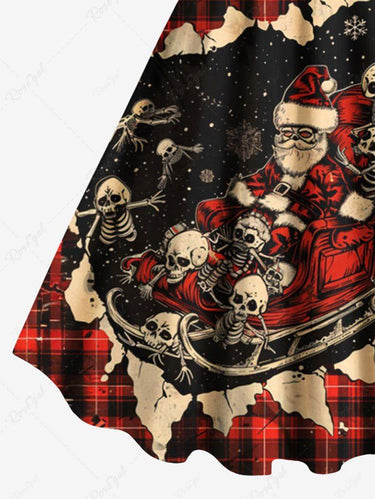 Gothic Plus Size Ripped Christmas Santa Claus Skeleton Snowflake Plaid Print A Line Dress
