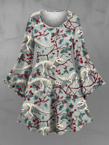 Gothic Plus Size Christmas Holly Branch Leaf Skeleton Dinosaur Print A Line Dress