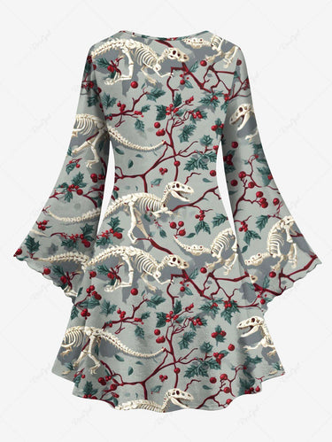 Gothic Plus Size Christmas Holly Branch Leaf Skeleton Dinosaur Print A Line Dress
