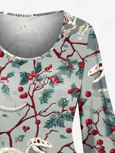 Gothic Plus Size Christmas Holly Branch Leaf Skeleton Dinosaur Print A Line Dress