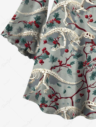 Gothic Plus Size Christmas Holly Branch Leaf Skeleton Dinosaur Print A Line Dress