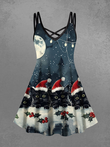 Gothic Plus Size Christmas Hat Cat Holly Light Moon Print Crisscross A Line Cami Dress