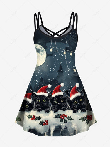 Gothic Plus Size Christmas Hat Cat Holly Light Moon Print Crisscross A Line Cami Dress