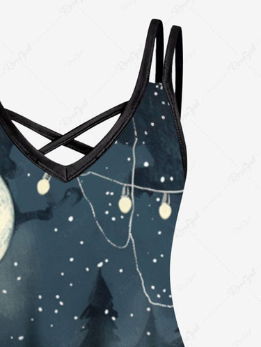 Gothic Plus Size Christmas Hat Cat Holly Light Moon Print Crisscross A Line Cami Dress