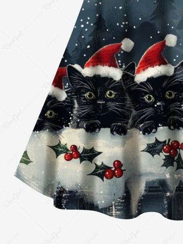 Gothic Plus Size Christmas Hat Cat Holly Light Moon Print Crisscross A Line Cami Dress