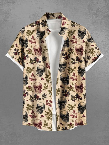 Gothic Plus Size Christmas Holly Leaf Skull Print Button Pocket Shirt For Men