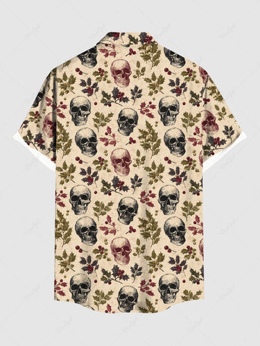 Gothic Plus Size Christmas Holly Leaf Skull Print Button Pocket Shirt For Men