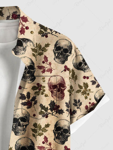 Gothic Plus Size Christmas Holly Leaf Skull Print Button Pocket Shirt For Men