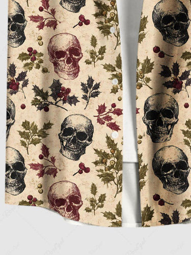 Gothic Plus Size Christmas Holly Leaf Skull Print Button Pocket Shirt For Men