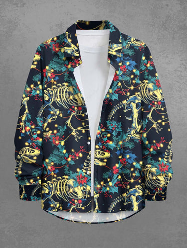 Gothic Plus Size Christmas Holly Leaf Light Skeleton Dinosaur Print Long Sleeves Shirt For Men