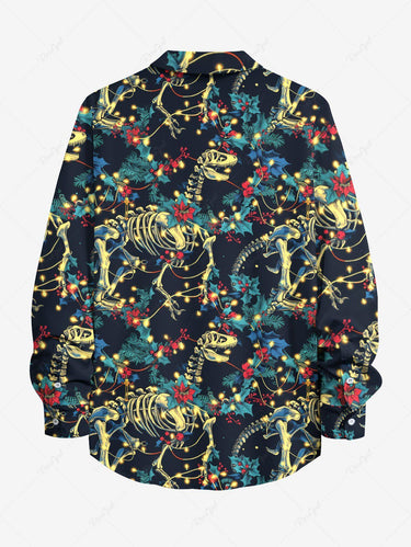 Gothic Plus Size Christmas Holly Leaf Light Skeleton Dinosaur Print Long Sleeves Shirt For Men