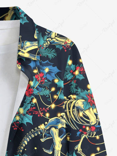 Gothic Plus Size Christmas Holly Leaf Light Skeleton Dinosaur Print Long Sleeves Shirt For Men