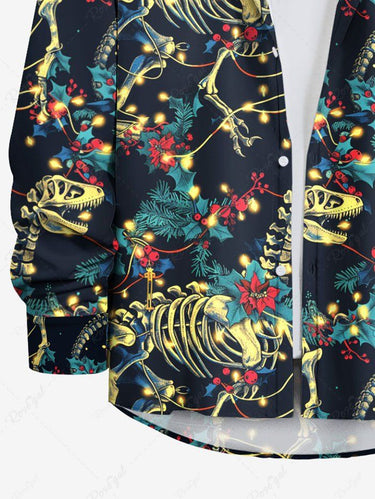 Gothic Plus Size Christmas Holly Leaf Light Skeleton Dinosaur Print Long Sleeves Shirt For Men