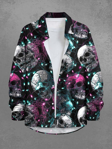 Gothic Plus Size Glitter Christmas Light Skull Print Long Sleeves Shirt For Men