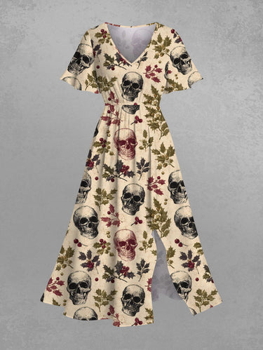 Gothic Plus Size Christmas Holly Leaf Skull Print Split Pocket A Line Midi Dress