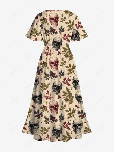 Gothic Plus Size Christmas Holly Leaf Skull Print Split Pocket A Line Midi Dress