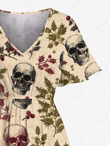 Gothic Plus Size Christmas Holly Leaf Skull Print Split Pocket A Line Midi Dress