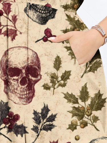 Gothic Plus Size Christmas Holly Leaf Skull Print Split Pocket A Line Midi Dress