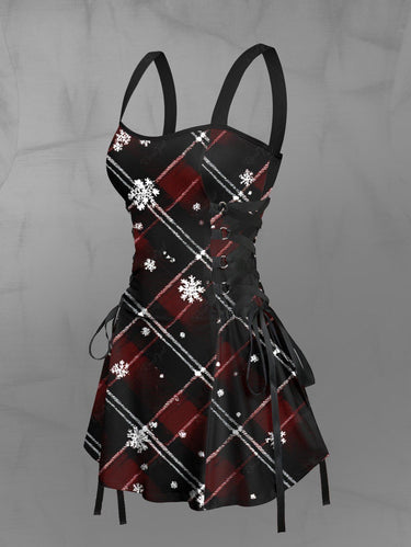 Gothic Christmas Snowflake Ombre Plaid Print Lace Up A Line Dress